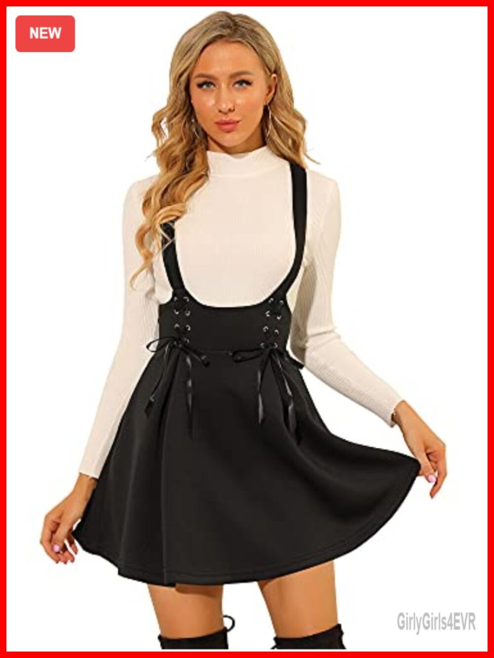 Women High Waist Lace Up A-Line Mini Suspender Skirt Cross Back
